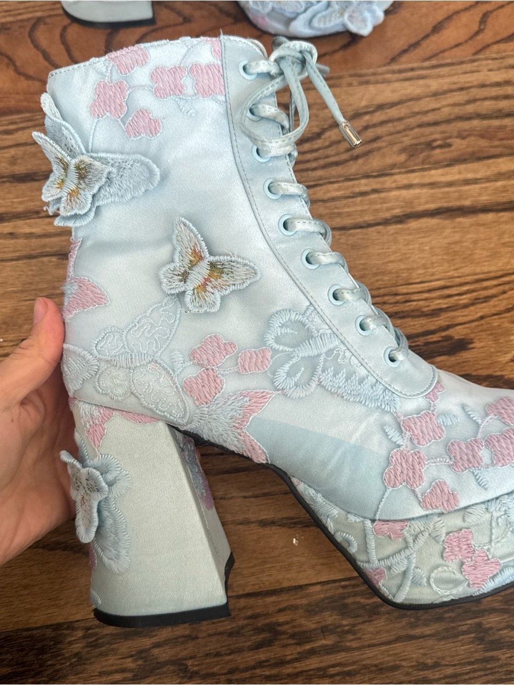 8 Sugar Thrillz Light Blue Lace-Up Floral Embroidered Platform butterfly Boots - Picture 16 of 16